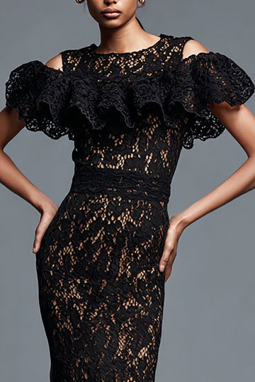 Black Mermaid Lace Long Formal Dress with Ruffles
